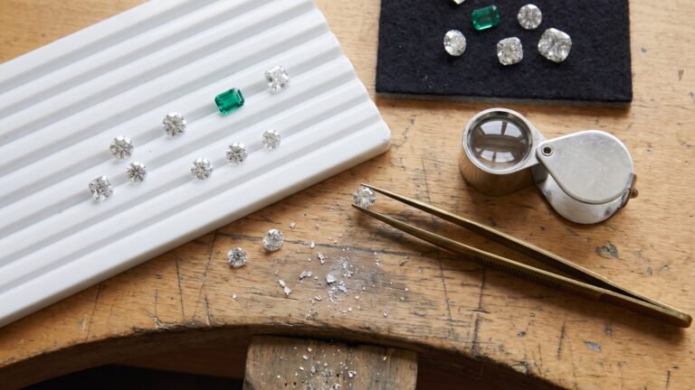 Loose cut diamonds and emeralds sorted on a jeweler's bench with tweezers and an inspection loupe