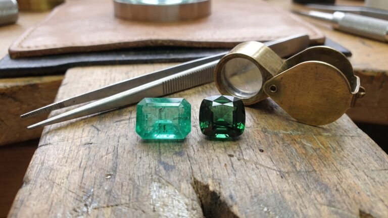 Emerald cut emerald and deep green tourmaline next to tweezers and a brass loupe on a jeweler's bench