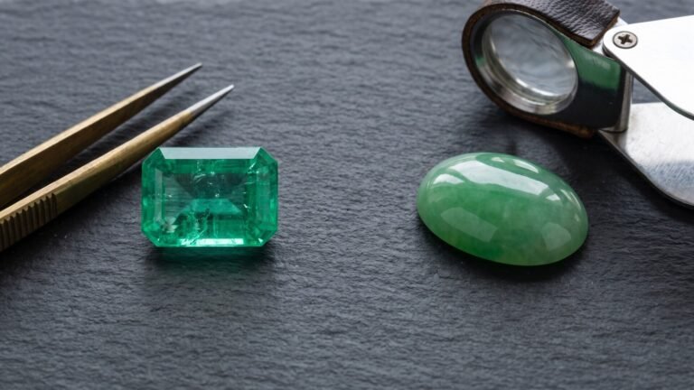 Faceted emerald cut gemstone alongside a smooth green jade cabochon and gemologist tools on a slate desk