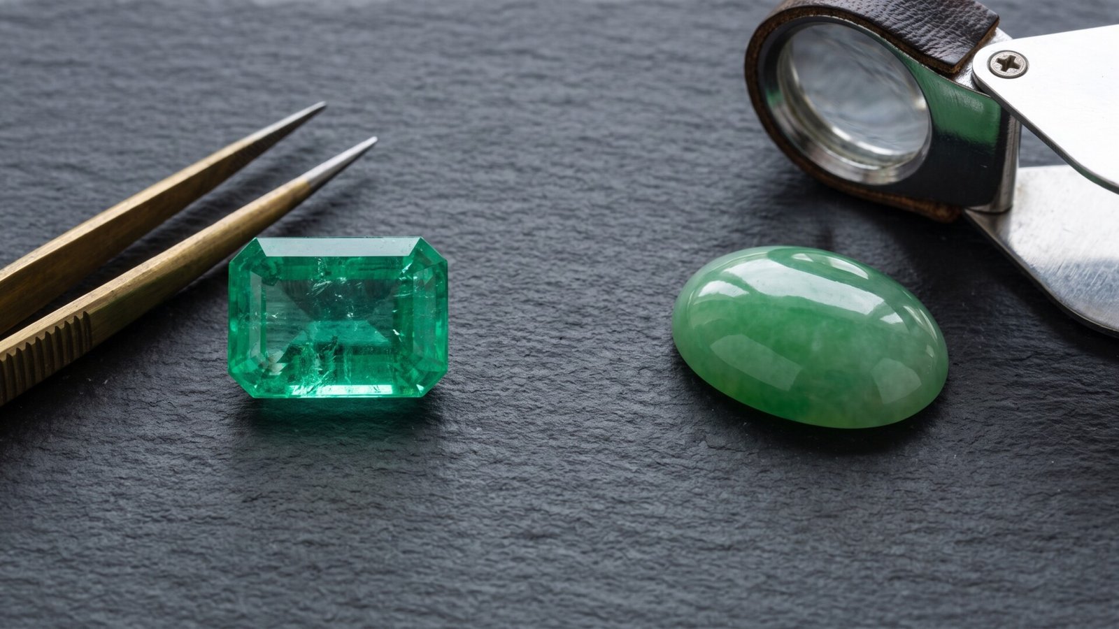 Faceted emerald cut gemstone alongside a smooth green jade cabochon and gemologist tools on a slate desk