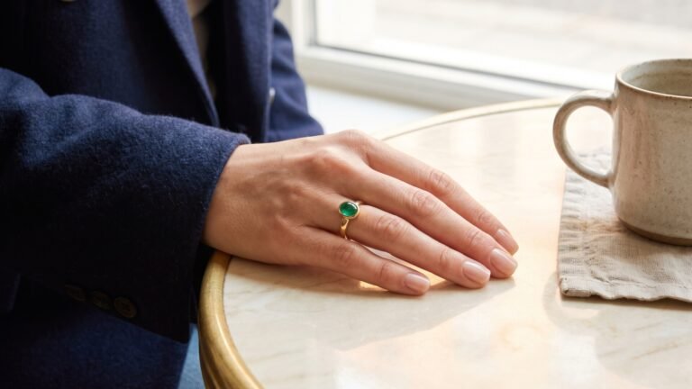 Gold pinky ring featuring a vibrant green emerald birthstone worn on a hand resting on a cafe table