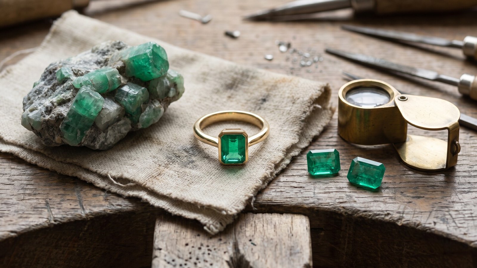 Gold emerald cut ring displayed with raw beryl ore and loose gemstones on a jeweler's workbench