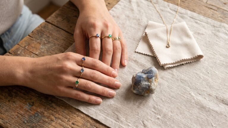 Hands wearing delicate sapphire and emerald rings resting near an unpolished mineral stone and gold necklace