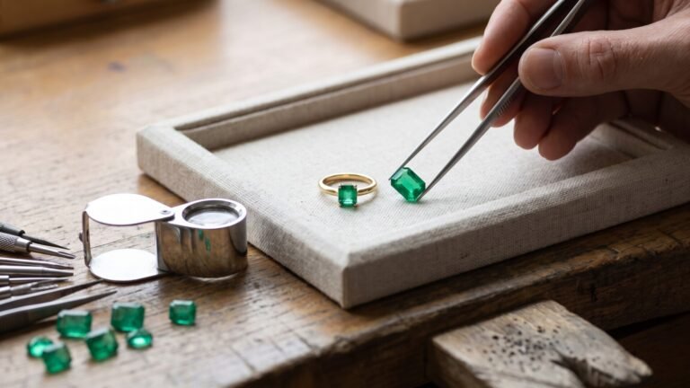 Jeweler inspecting an emerald-cut green gemstone with tweezers beside a gold ring on a workbench tray