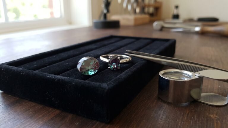 Faceted alexandrite gemstone and solitaire ring resting on a black display tray beside a jeweler's loupe and tweezers