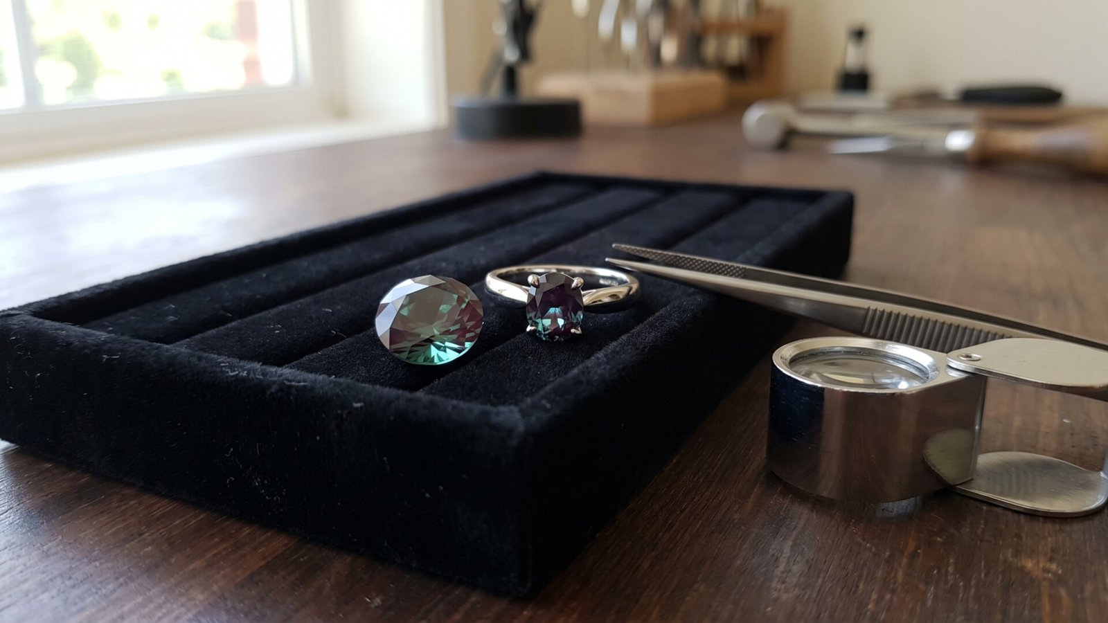 Faceted alexandrite gemstone and solitaire ring resting on a black display tray beside a jeweler's loupe and tweezers