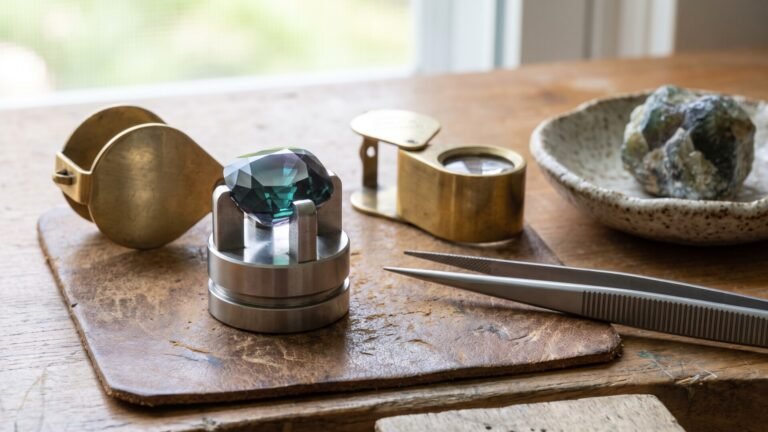 Faceted alexandrite gemstone set in a metal holder surrounded by tweezers and jeweler loupes on a wooden desk
