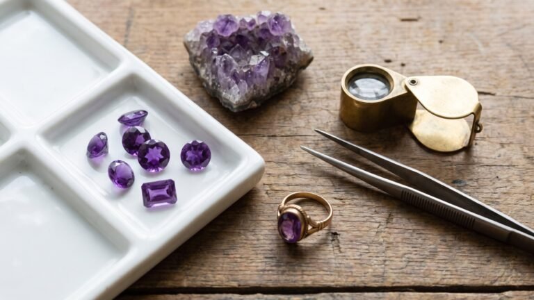 Faceted purple amethysts in a sorting tray alongside a raw geode, gold ring, and jeweler tools