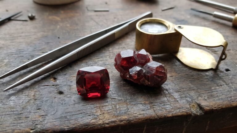 Faceted deep red garnet gemstone beside raw garnet crystal cluster on a jeweler's workbench with loupe and tweezers
