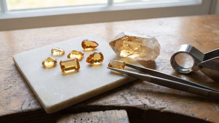 Faceted citrine gemstones in varied cuts beside a rough crystal point and jeweler's loupe on a workbench
