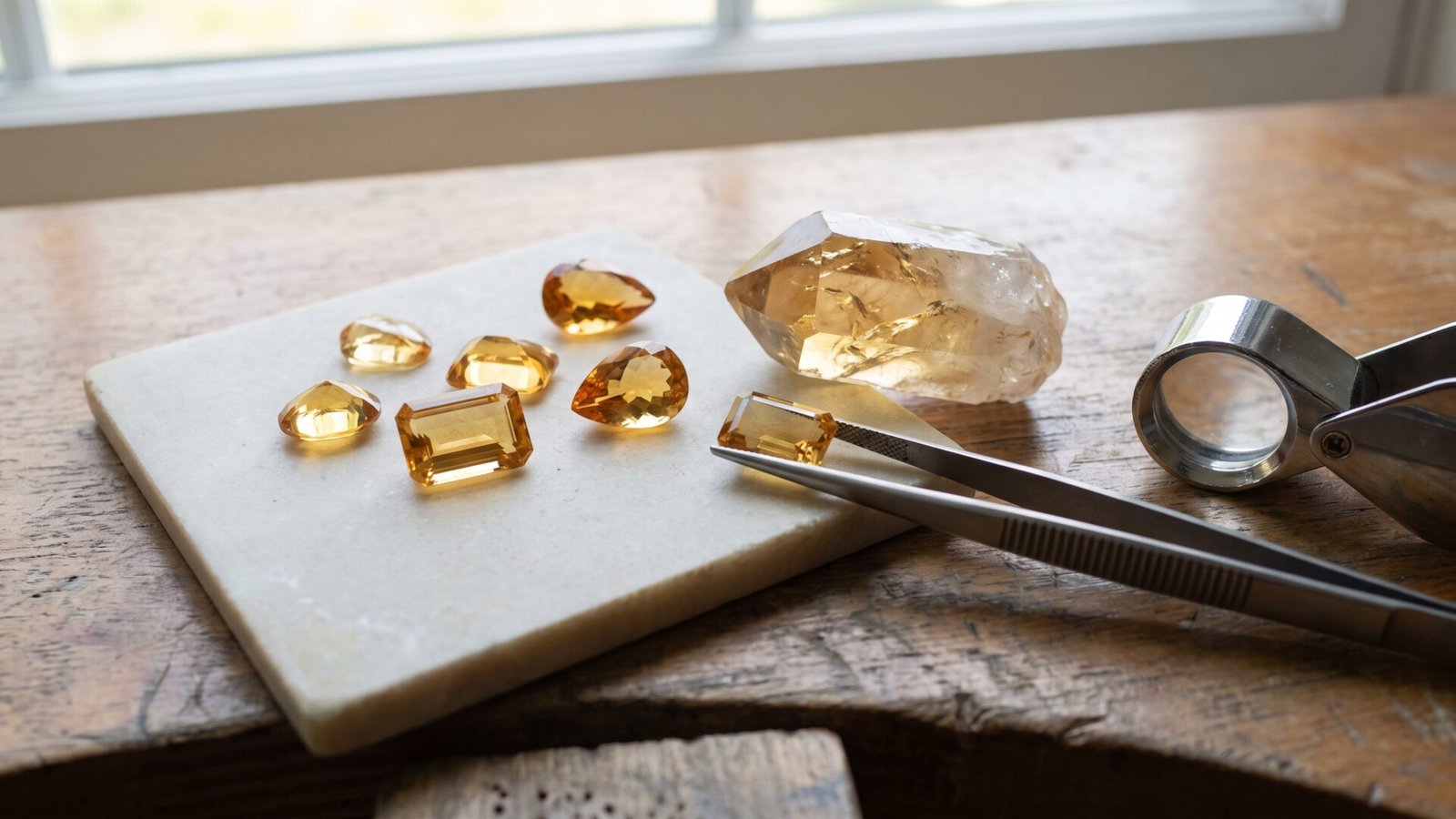 Faceted citrine gemstones in varied cuts beside a rough crystal point and jeweler's loupe on a workbench