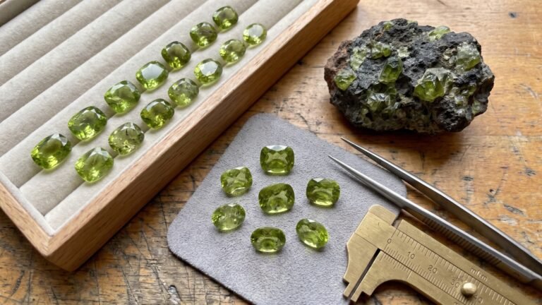 Faceted green peridot gemstones displayed next to rough peridot crystals in rock matrix and gemological tools