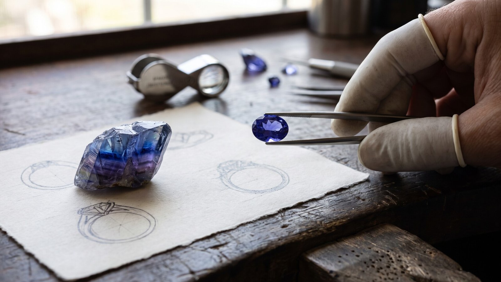 Gloved hand holding a faceted violet-blue tanzanite in tweezers beside a raw crystal and jewelry sketches