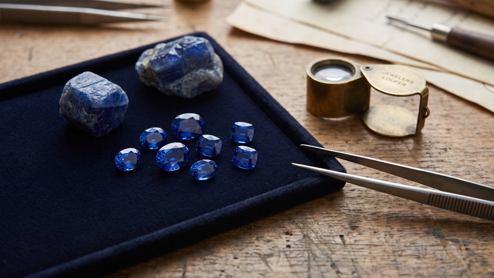 Faceted deep blue sapphires and rough corundum crystals on a velvet tray beside a jeweler's loupe and tweezers