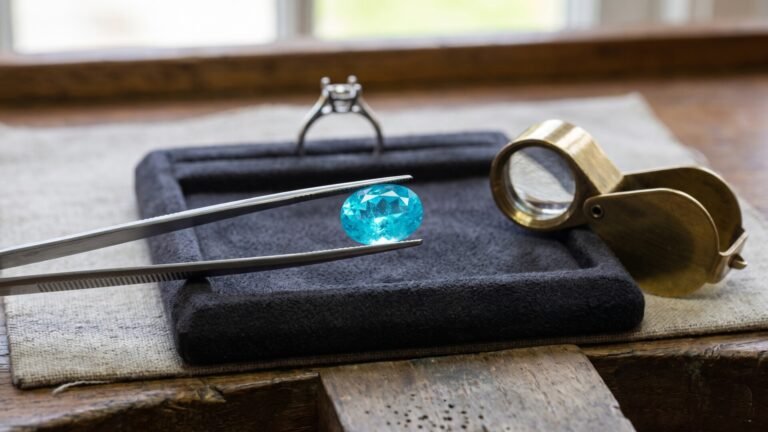 Oval neon blue Paraiba tourmaline held in tweezers next to a jeweler loupe and ring setting