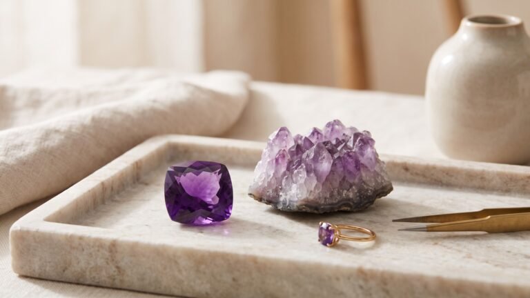 Faceted purple amethyst gem, raw crystal geode, and a gold ring resting on a marble tray