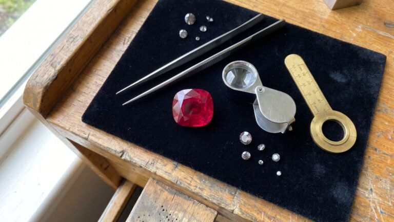 Faceted cushion-cut red ruby on a black velvet appraisal pad with gemologist tools and small accent diamonds