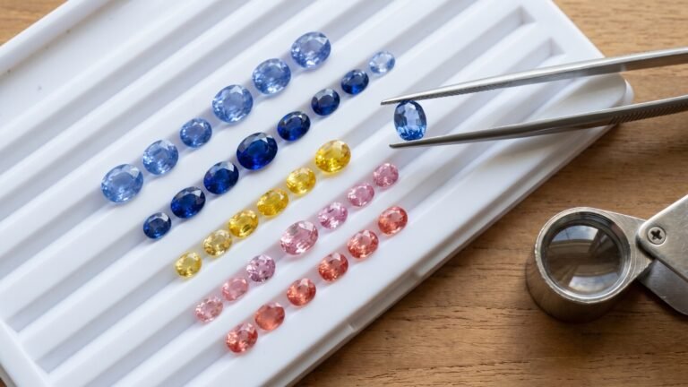 Rows of faceted sapphires in shades of blue, yellow, and pink on a white gem sorting tray with tweezers and a loupe
