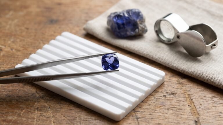 Faceted blue-violet tanzanite held in tweezers beside rough mineral and a jeweler's loupe on a wooden desk