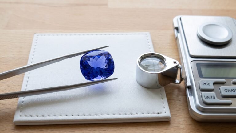 Faceted blue tanzanite gemstone held with tweezers beside a loupe and digital carat scale on a jeweler's desk