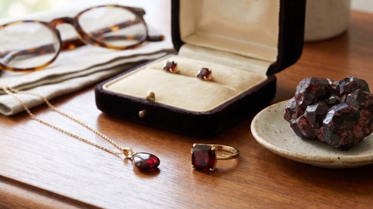 Deep red garnet necklace, ring, earrings in a vintage box, and raw mineral cluster on a wooden surface