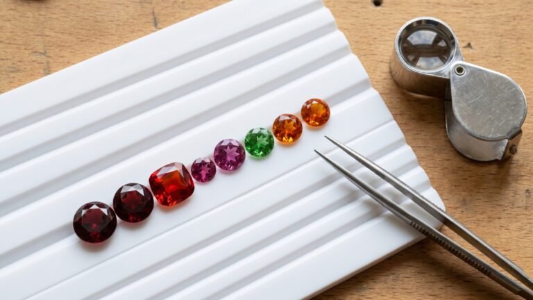 Row of faceted garnet gemstones in red, pink, green, and orange on a white gem grading tray with tweezers