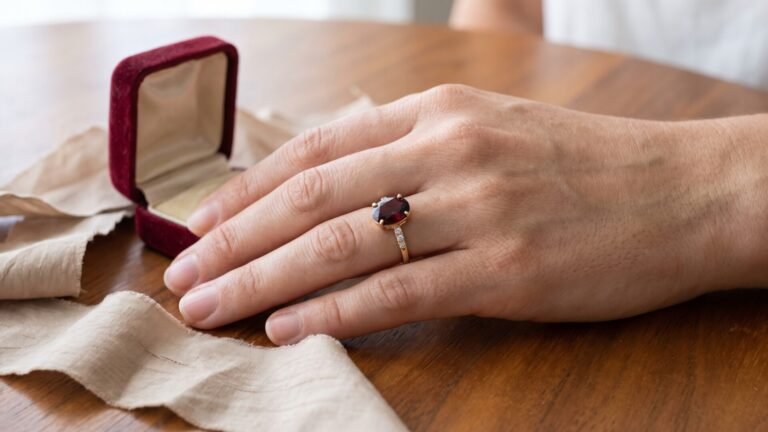 Faceted deep red garnet engagement ring on a hand next to an open velvet jewelry box