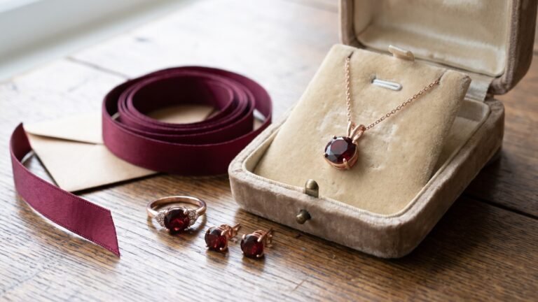 Rose gold garnet necklace in a velvet box beside matching earrings, ring, and burgundy ribbon on a wooden table