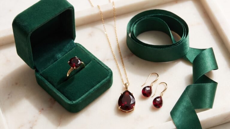 Red garnet ring in a green velvet box with a matching teardrop pendant necklace and earrings on a marble tray