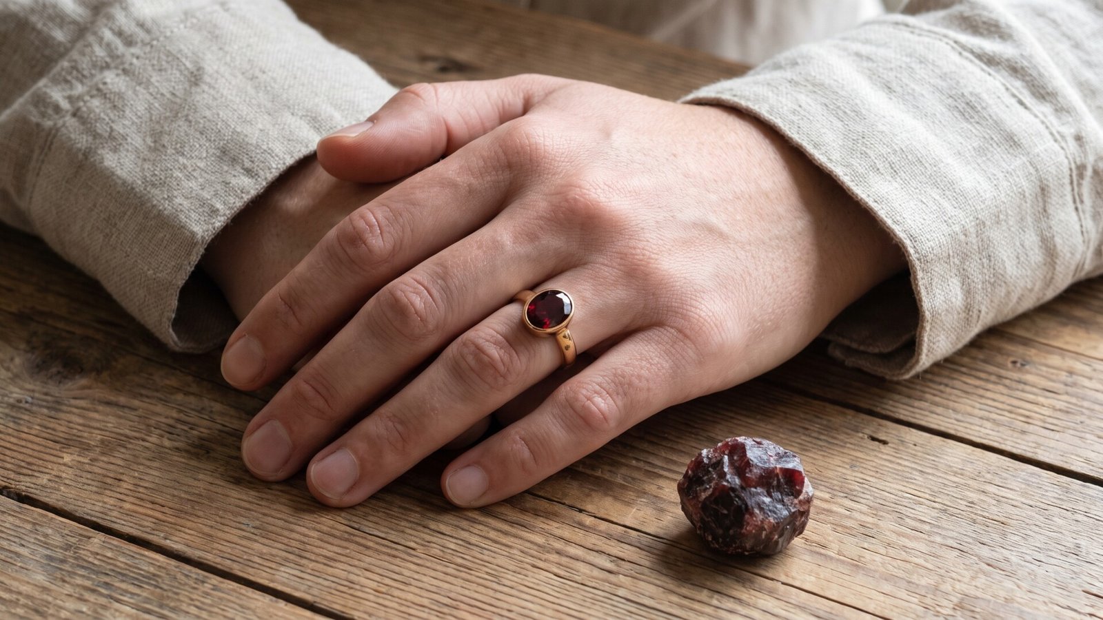 Hand wearing a deep red garnet ring on a wooden surface beside a raw crystal