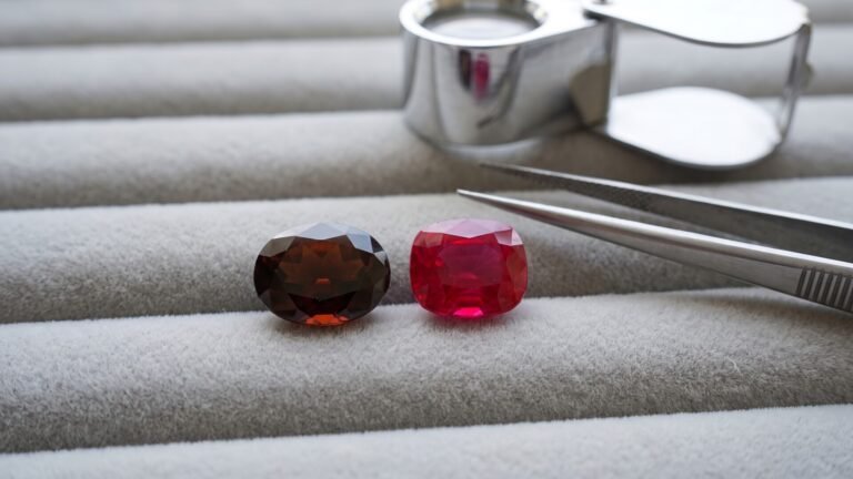 Oval deep red garnet and cushion-cut bright red ruby side by side on a gem tray with tweezers and loupe