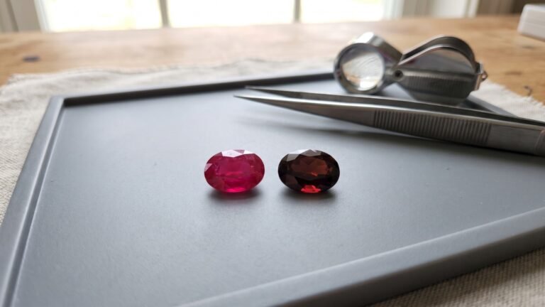 Faceted ruby and deep red garnet side by side on a gem tray beside tweezers and a loupe