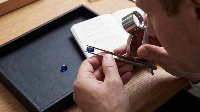 Gemologist examining a faceted blue sapphire with tweezers and a jeweler's loupe beside a sorting tray