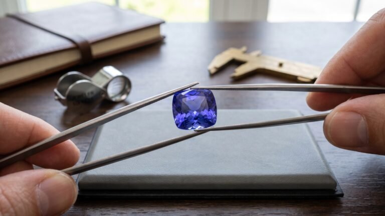 Faceted blue-violet tanzanite gemstone held with jeweler tweezers during quality evaluation at a workbench