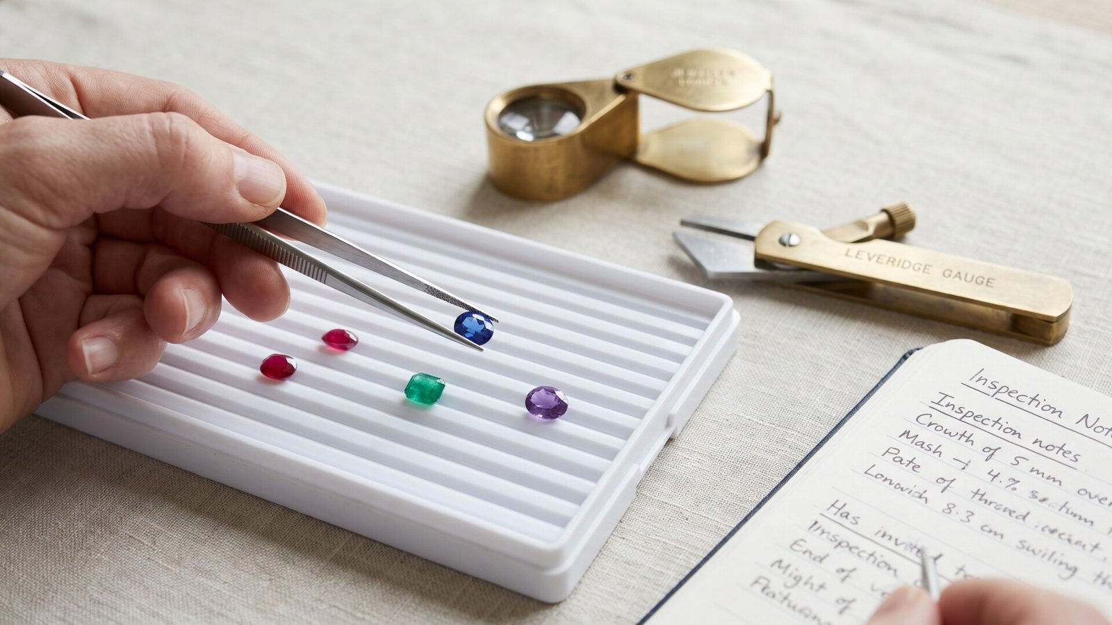 Gemologist holding a cut blue sapphire with tweezers over a sorting tray with ruby, emerald, and amethyst gemstones