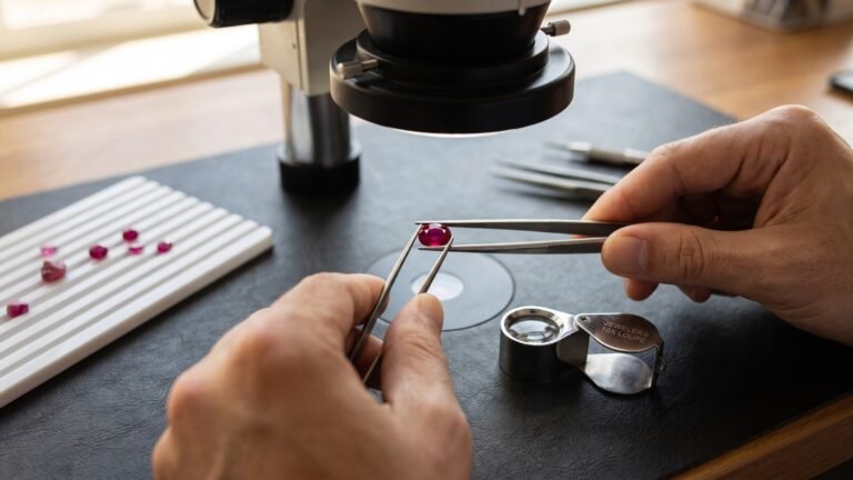 Gemologist holding a faceted red ruby with precision tweezers beneath a laboratory microscope lens
