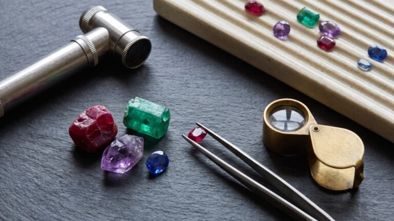 Rough and faceted gemstones beside a jeweler's loupe, tweezers, and optical spectroscope on a slate table