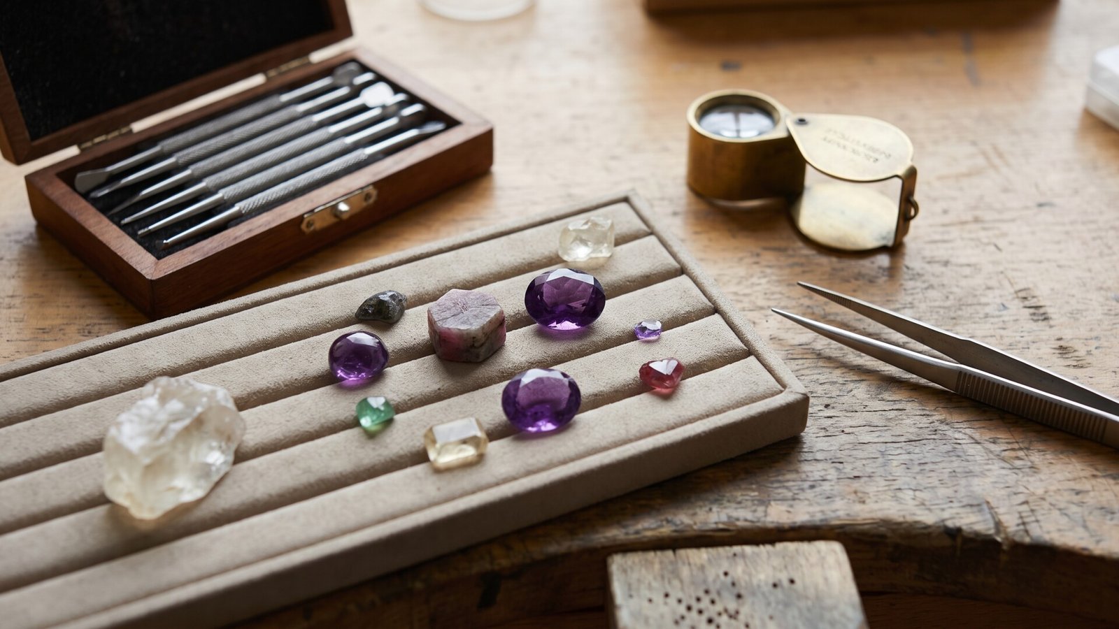 Assorted cut and rough gemstones on a display tray beside hardness testing picks and a loupe on a wooden desk