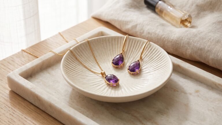 Gold amethyst pendant necklace and matching teardrop earrings displayed in a ceramic dish