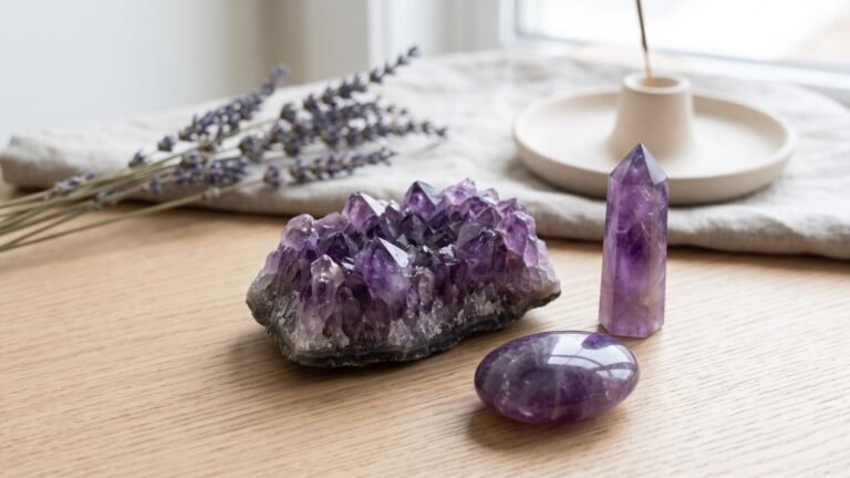 Raw amethyst cluster, crystal point tower, and smooth palm stone resting on a wooden table beside lavender