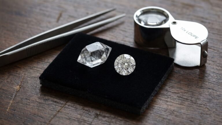Natural double-terminated Herkimer diamond crystal next to a faceted cut diamond with a loupe and tweezers