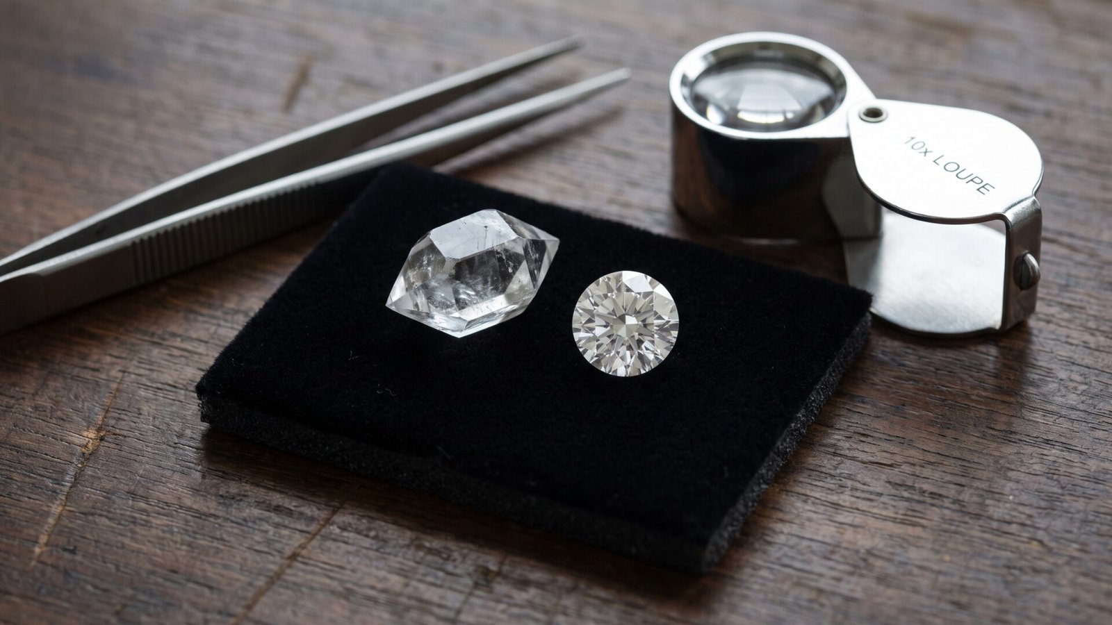 Natural double-terminated Herkimer diamond crystal next to a faceted cut diamond with a loupe and tweezers
