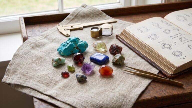 Collection of raw and faceted gemstones on linen fabric with antique jeweler tools and a gem-cutting notebook