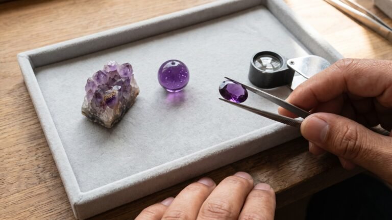 Jeweler holding a faceted purple gemstone with tweezers next to raw amethyst and a bubble-filled imitation bead
