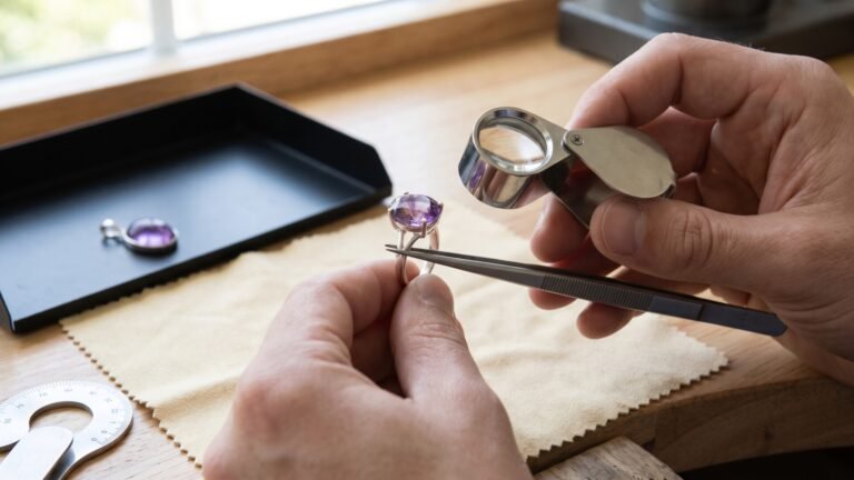 Jeweler inspecting a purple amethyst ring using a loupe and tweezers at a workbench