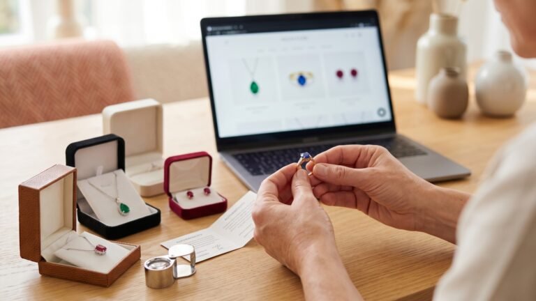 Person holding a sapphire ring next to opened jewelry gift boxes, a jeweler's loupe, and a laptop with a gemstone website