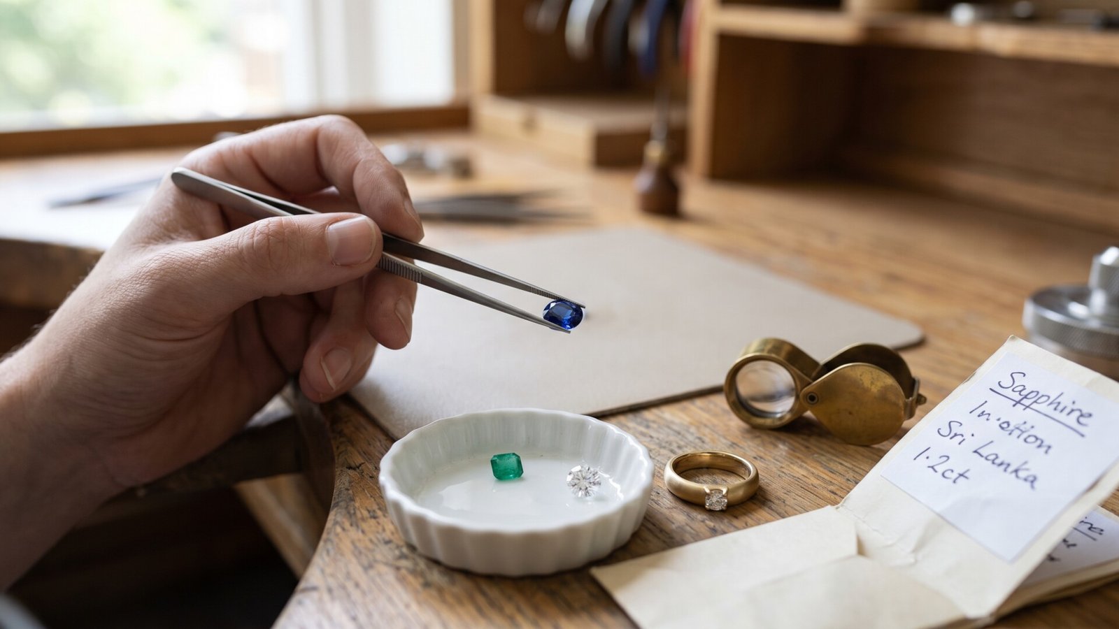 Jeweler holding a blue sapphire with tweezers next to gemstone provenance notes and a gold ring