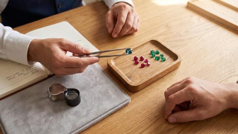 Jeweler holding a faceted teal gemstone with tweezers across from a client at a wooden consultation desk