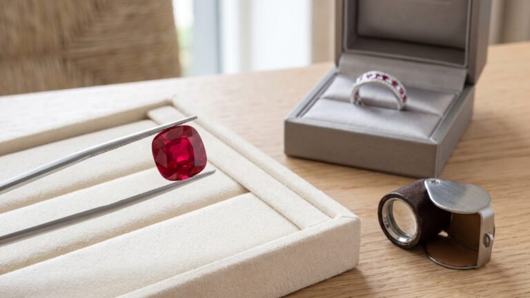 Cushion-cut red ruby held in tweezers next to a jeweler's loupe and a gemstone ring in a box