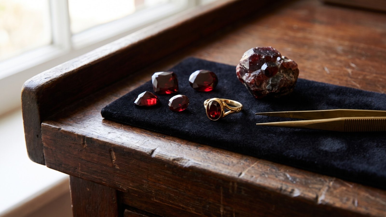 Faceted red garnets, a raw crystal specimen, and a gold ring resting on a jeweler's black velvet pad